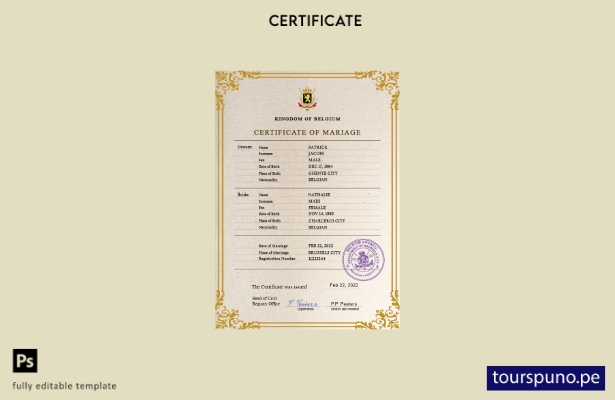 listo para imprimir plantilla PSD de certificado de matrimonio de Bélgica